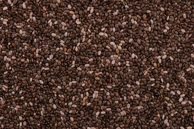 Organik siyah chia tohumlarının doğal dokularını ve desenlerini gösteren yakın plan görüntüsü. Sağlıklı beslenmeyi, vejetaryen diyetlerini, süper yiyecekleri ve sağlık odaklı tasarım projelerini desteklemek için ideal..