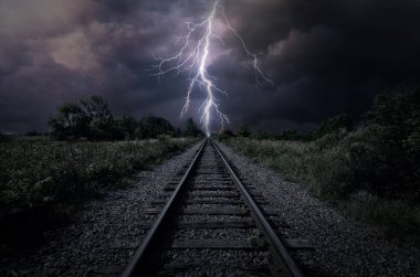 Striking railway scene under a dramatic thunderstorm, with a vivid lightning bolt cutting through dark, stormy clouds. The eerie ambiance and symmetrical perspective evoke power and mystery clipart