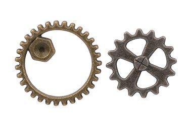 Pirinç rengi ve gümüş renkli iki klasik metal dişli Steampunk ve endüstriyel estetik sergiliyor. Tasarım, mühendislik kavramları ve mekanik temalı yaratıcı projeler için ideal.