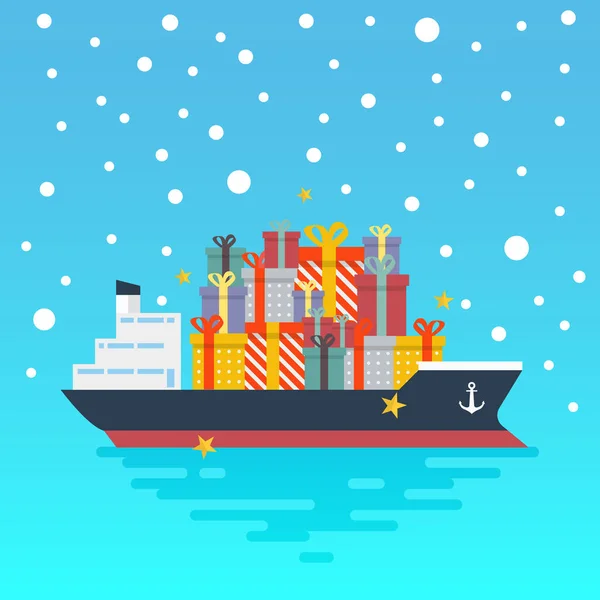 Hediye Kutularıyla Dolu Konteynır Kargo Gemisi Noel Yeni Yıl Kış — Stok Vektör