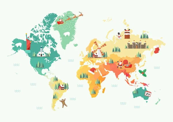 Merry Christmas Happy New Year World Map Vector Illustration — Stock Vector