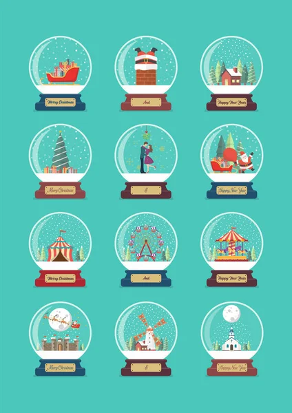 Veselé Vánoce Šťastný Nový Rok Sbírka Skleněných Míčků Vektorová Ilustrace — Stockový vektor