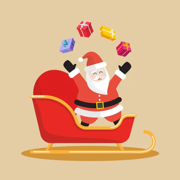Санта Клаус Жонглирует Подарочными Коробками Санях Счастливого Рождества Векторная Иллюстрация — стоковый вектор