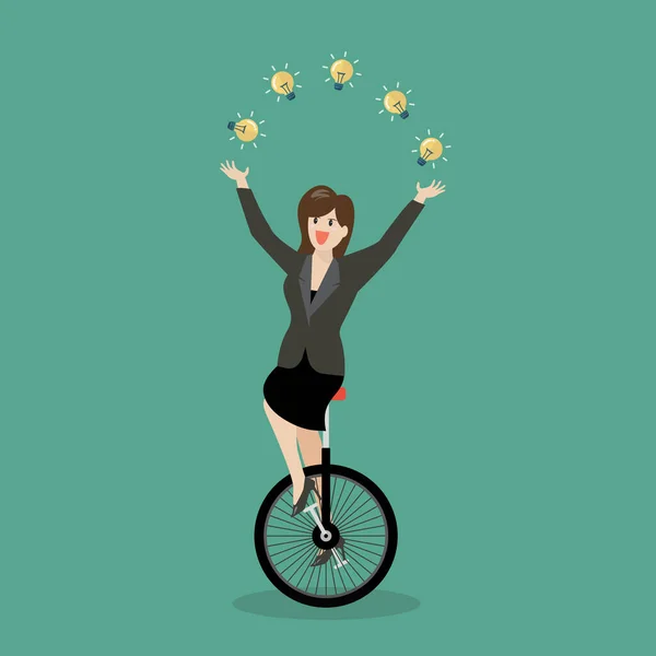 電球を自転車でジャグリングするビジネス女性 ビジネスアイデアのコンセプト ベクターイラスト — ストックベクタ
