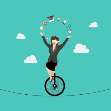 Blind business woman riding unicycle on a wire. Business risk concept. vector illustration clipart