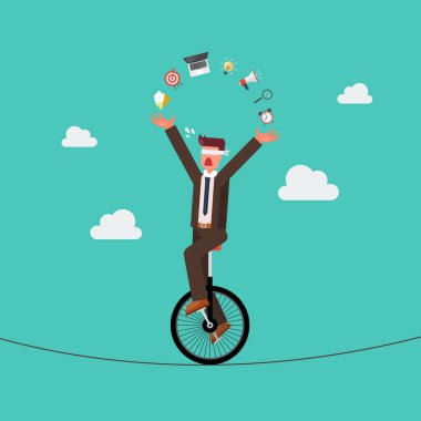 Blind businessman riding unicycle on a wire. Business risk concept. vector illustration
