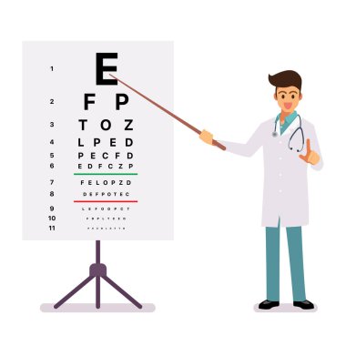 Ophthalmology doctor standing near eye test chart. Ophthalmic table for visual examination. Vector illustration