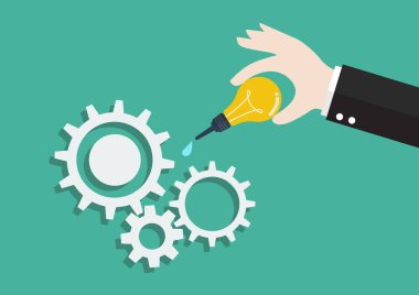Hand drop lubricant into mechanical gears. Business idea concept. Vector illustration