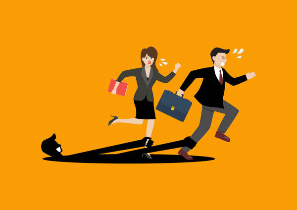 Shadow hands pulling a businessman and woman. Business concept. Vector illustration