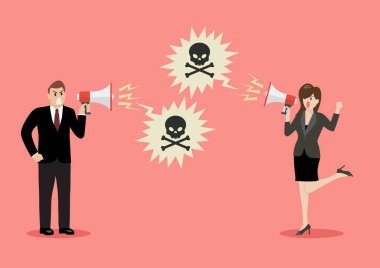 Businessman and woman are shouting a toxic words on each other with megaphones. Business concept. vector illustration