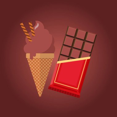 Külahta çikolatalı dondurma ve çikolata. Vektör illüstrasyon reklamları afişi