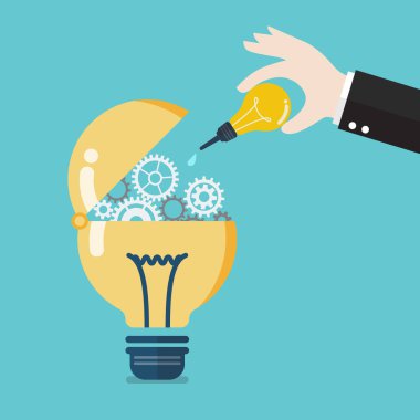 Hand drop lubricant into gears on lightbulb. Vector illustration