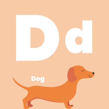 Cute children ABC alphabet flashcard words with the letter D for kids learning English vocabulary. Dog. Vector illustration