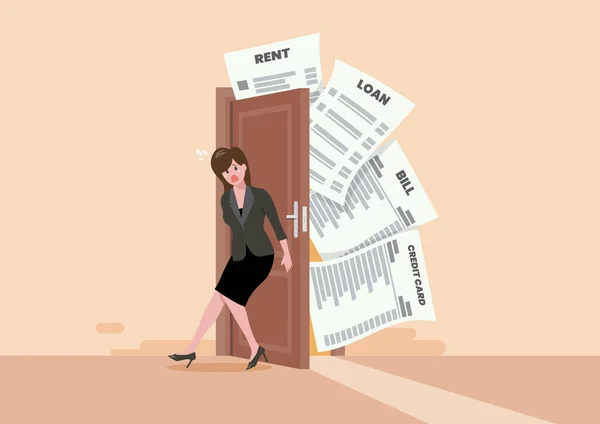 Frustrovaná Žena Snaží Zavřít Dveře Dluhy Účty Zaplacení Nadměrné Utrácení — Stockový vektor