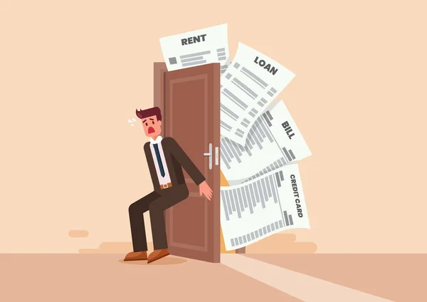 Frustrierte Menschen Versuchen Die Tür Mit Schulden Und Rechnungen Schließen — Stockvektor
