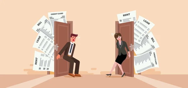 Frustrierte Männer Und Frauen Versuchen Die Tür Mit Schulden Und — Stockvektor