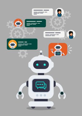 Chatbot, yapay zekayla sohbet ediyor. Akıllı Ai sohbet robotları insanlarla iletişim kurar. Vektör illüstrasyonu