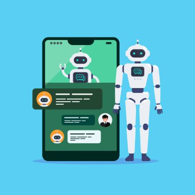 Android robot ve sohbet robotu akıllı telefon ekranında. GPT 'den bahset. Yapay Zeka. Vektör illüstrasyonu