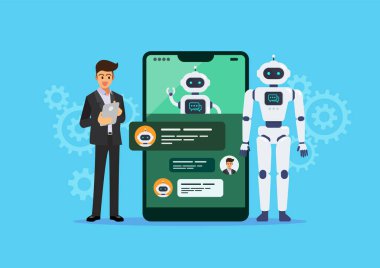 İş adamı sohbet robotuyla konuşuyor ya da sohbet ediyor. GPT 'den bahset. Yapay Zeka. Vektör illüstrasyonu