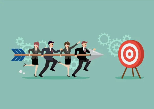 Business teamwork holding an arrow to hit the target. Business teamwork concept. Vector illustration