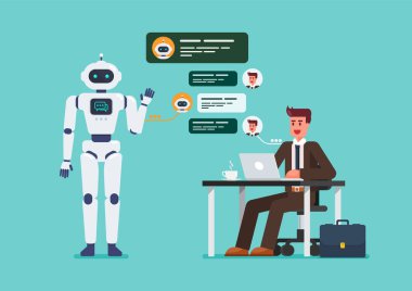 İş adamı sohbet robotuyla sohbet ediyor. Teknoloji şirketi tarafından geliştirilen yapay zeka sohbet robotu. Vektör illüstrasyonu