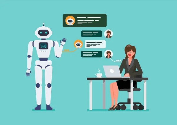 Obchodnice Povídá Chatbotem Robot Chatování Umělé Inteligence Vyvinutý Technologickou Společností — Stockový vektor