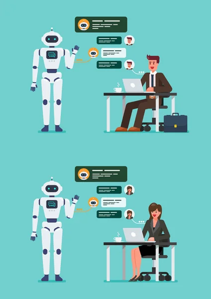 Businessman Woman Chatting Chatbot — Stock Vector