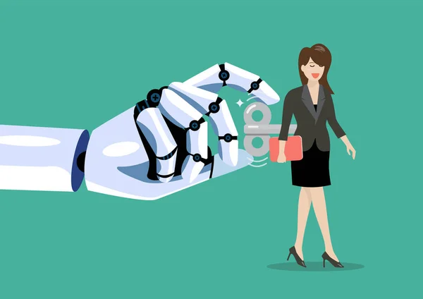 Robot Hand Turns Business Woman Wind Key Her Back Digital — Stock Vector