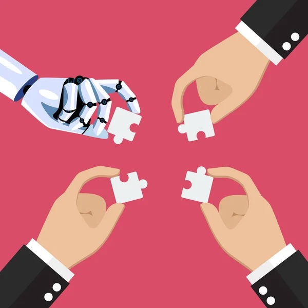 Businessmen Robot Insert Jigsaw Pieces Together Human Artificial Intelligence Working — Stock Vector