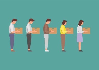 Kovulan ofis çalışanları kutuları tutar. Mali kriz ve işsizlik. Personel azaltma kavramı. vektör illüstrasyonu.