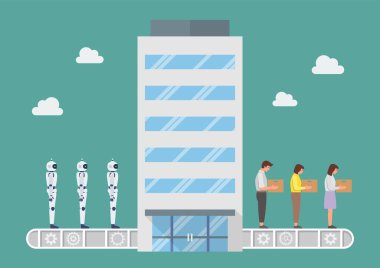 Taşıyıcı bant, robotları bir ofis binasına taşırken insanları kovdu. Sanatsal zeka iş bulma kavramının yerini alıyor. Personel azaltma konsepti. Vektör illüstrasyonu.