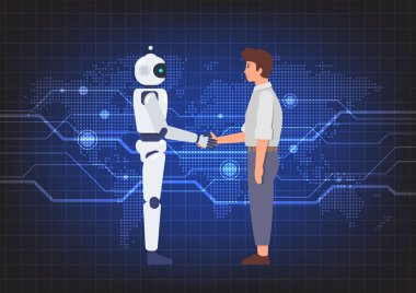 İnsan ve robot arasındaki el sıkışma soyut teknoloji arka planında. İş teknolojisi kavramı