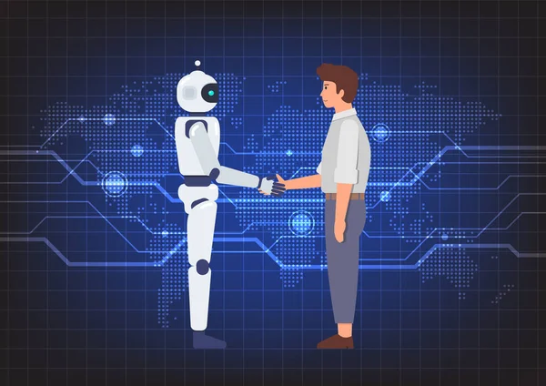 Χειραψία Μεταξύ Ανθρώπου Και Ρομπότ Πάνω Στο Αφηρημένο Τεχνολογικό Υπόβαθρο — Διανυσματικό Αρχείο