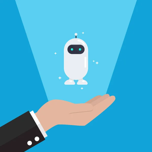 Hand Zeigt Mini Androiden Roboter Cyborg Technologie Und Futuristische Intelligenzmaschine — Stockvektor
