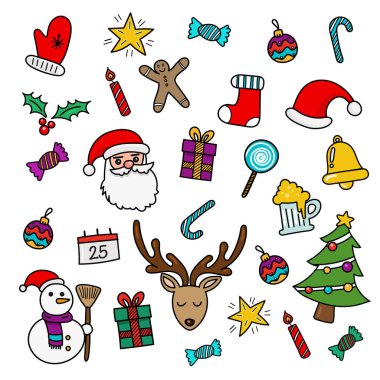 Noel karalamaları elle çizilmiş. Vektör illüstrasyonu