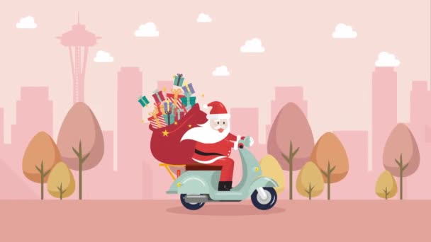 Weihnachtsmann Fährt Motorrad Weihnachts Lieferservice Video Animiert — Stockvideo