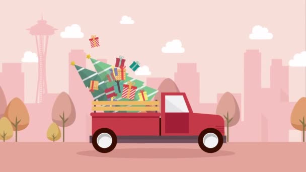 Camión Rojo Con Servicio Entrega Árboles Navidad Video Animado — Vídeo de stock