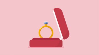 İçinde nişan yüzüğü olan kırmızı kadife bir kutu. 4k video canlandırması