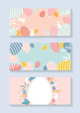 Paskalya yumurtaları poster koleksiyonu. Davetiye kartı. Vektör illüstrasyonu