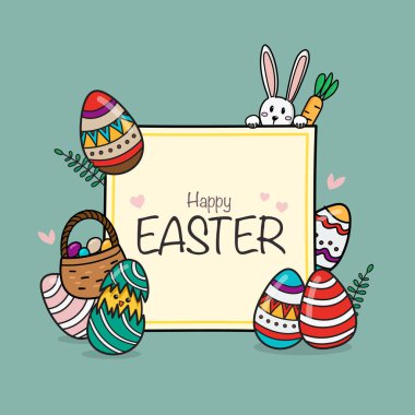 Tavşanlı ve yumurtalı Paskalya bayrağınız kutlu olsun. Vektör illüstrasyonu