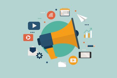 Düz simgeli megafon iş pazarlama konsepti. İş kavramsal vektör illüstrasyonu