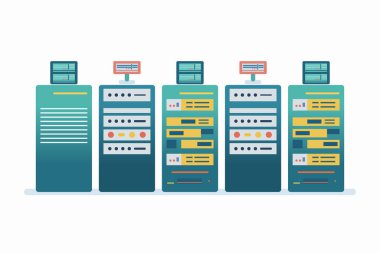 Sunucu odası rafları beyaz arkaplanda izole edilmiş. Bulut sistemi konsepti. Veri merkezi. veri depolama. Bulut deposu. bilgisayar teknolojisi düz illüstrasyon.