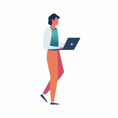 Çalışan adam dizüstü bilgisayarı beyaz arka planda izole bir şekilde tutuyor. düz resimleme.