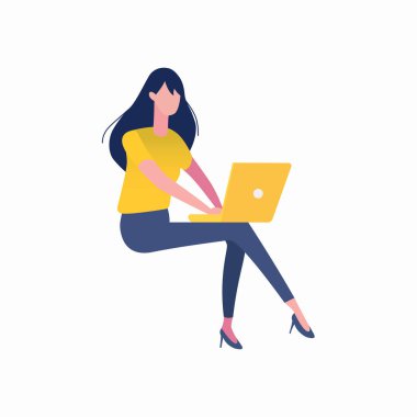 Beyaz arka planda tek başına oturan ve çalışan bir kadın. Çalışma, öğrenim, eğitim ve evden çalışma kavramları.