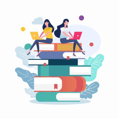 Kitapların üzerinde otururken dizüstü bilgisayarda çalışan, sıradan giysili iki kadın. Düz biçim vektör illüstrasyonu.