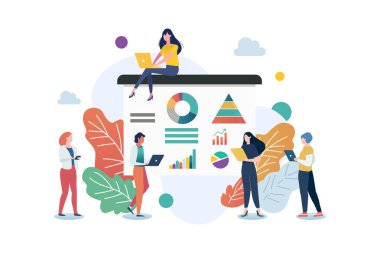 İş adamları slayt sunumunda grafikle buluşuyorlar. Vektör illüstrasyonu