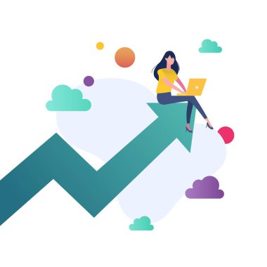 Büyüyen grafikte oturan ve dizüstü bilgisayarda çalışan bir kadın. İş Büyüme Konsepti. Vektör illüstrasyonu