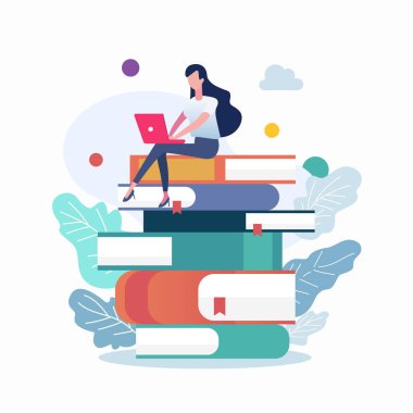 Kitapların üzerinde otururken dizüstü bilgisayarda çalışan sıradan giysili bir kadın. Düz biçim vektör illüstrasyonu.
