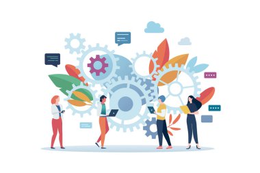 Mekanizma sistemi ile iş takım çalışması. Vektör çizim