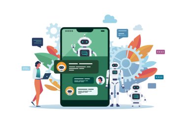 Android robotla sohbet eden ya da akıllı telefon ekranında sohbet eden bir adam. Yapay Zeka. Vektör illüstrasyonu